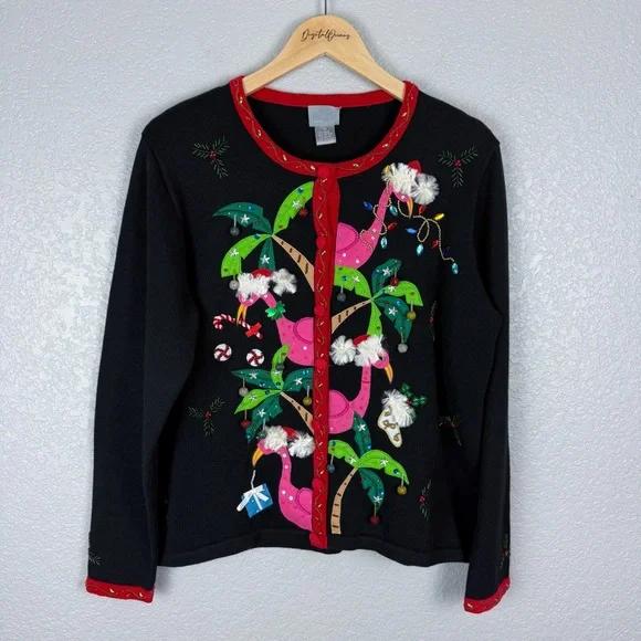 Berek Rare Vintage Tropical Flamingo Christmas Cardigan Sweater M Beaded Sequins - Picture 9 of 12